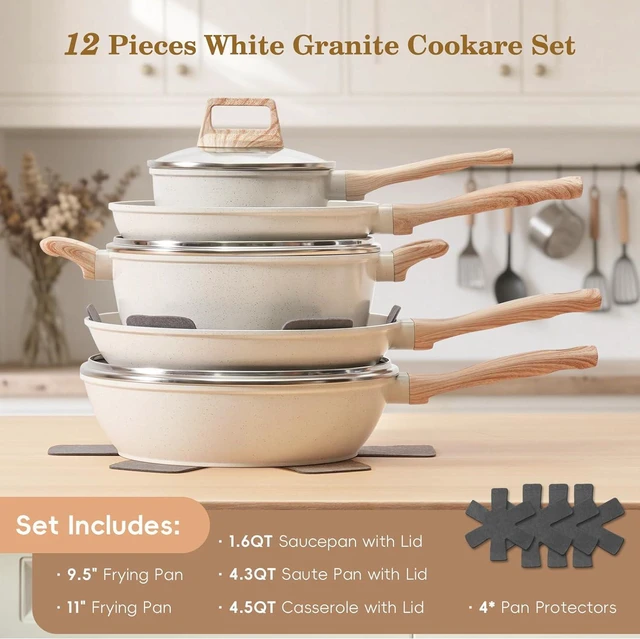 Alt view image 9 of 14 - 12 Pcs Pots and Pans Set Non Stick, Cookware Sets White Granite Induction Cookware, Non-toxic Healthy Nonstick Kitchen Cooking Set with Frying Pans Set, Saucepans (PFAS/PFOA/PFOS Free)