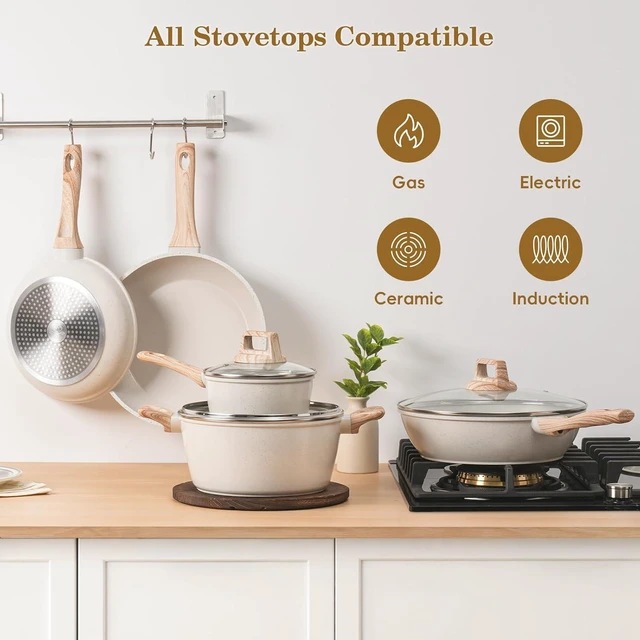 Alt view image 14 of 14 - 12 Pcs Pots and Pans Set Non Stick, Cookware Sets White Granite Induction Cookware, Non-toxic Healthy Nonstick Kitchen Cooking Set with Frying Pans Set, Saucepans (PFAS/PFOA/PFOS Free)