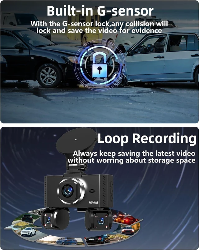 Alt view image 13 of 14 - 4 Channel Dash Cam Front and Rear Inside Left Right Car Dash Camera 360 View, 2.5K QHD Car Camera Supper Night Vision, 5G WiFi 3.16 IPS Touch Screen, G-Sensor,24H Parking Mode Free128G Card 256G Max