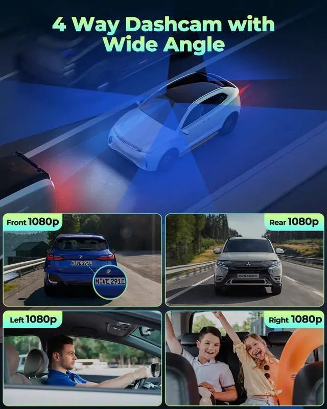 Alt view image 8 of 12 - LAMTTO 4 Channel Dash Cam 360 View, 1080P Front and Rear Inside Left Right, Dash Camera for Cars with Hardwire Kit for 24h Security Parking Monitor, IR Night Vision Dashcam,128GB Card Included