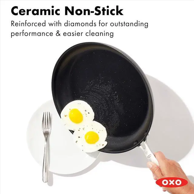 Alt view image 9 of 14 - OXO Enhanced 12" Frying Pan Skillet, PFAS-Free Ceramic Nonstick, Durable Hard Anodized Cookware, Scratch Resistant, Stainless Steel Handle, Good Grips, Dishwasher & Oven safe, Black