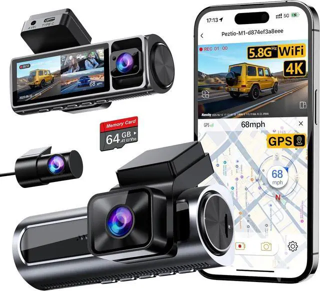 Alt view image 8 of 14 - 4K 3 Channel Dash Cam Front and Rear Inside, Built-in 5.8GHz WiFi GPS, 64GB Card Included, 4K+1080P+1080P Dash Camera for Cars, 3.18'' IPS Screen Dashcam with G-Sensor, 24H Parking Monitor