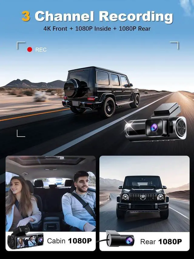 Alt view image 9 of 14 - 4K 3 Channel Dash Cam Front and Rear Inside, Built-in 5.8GHz WiFi GPS, 64GB Card Included, 4K+1080P+1080P Dash Camera for Cars, 3.18'' IPS Screen Dashcam with G-Sensor, 24H Parking Monitor