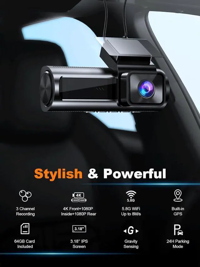 Alt view image 12 of 14 - 4K 3 Channel Dash Cam Front and Rear Inside, Built-in 5.8GHz WiFi GPS, 64GB Card Included, 4K+1080P+1080P Dash Camera for Cars, 3.18'' IPS Screen Dashcam with G-Sensor, 24H Parking Monitor
