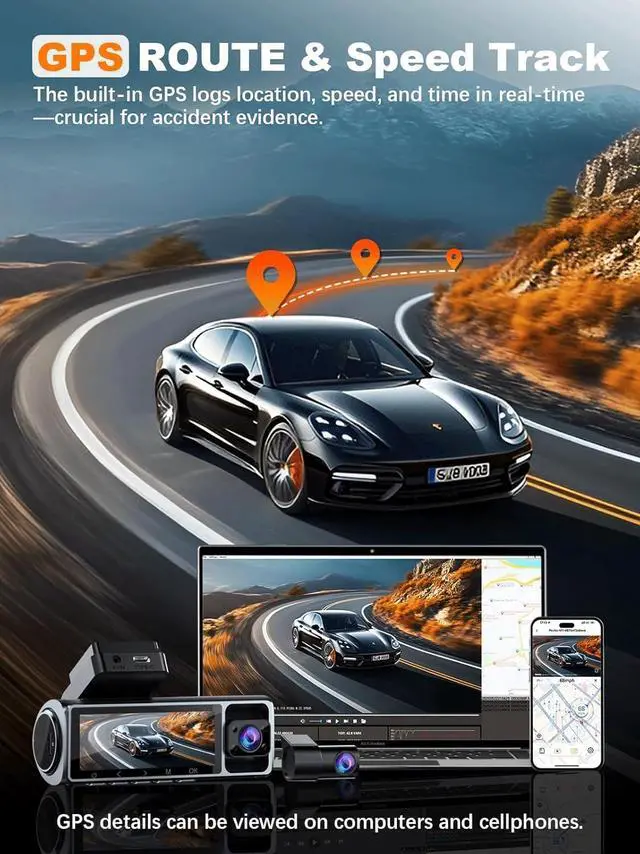 Alt view image 11 of 14 - 4K 3 Channel Dash Cam Front and Rear Inside, Built-in 5.8GHz WiFi GPS, 64GB Card Included, 4K+1080P+1080P Dash Camera for Cars, 3.18'' IPS Screen Dashcam with G-Sensor, 24H Parking Monitor