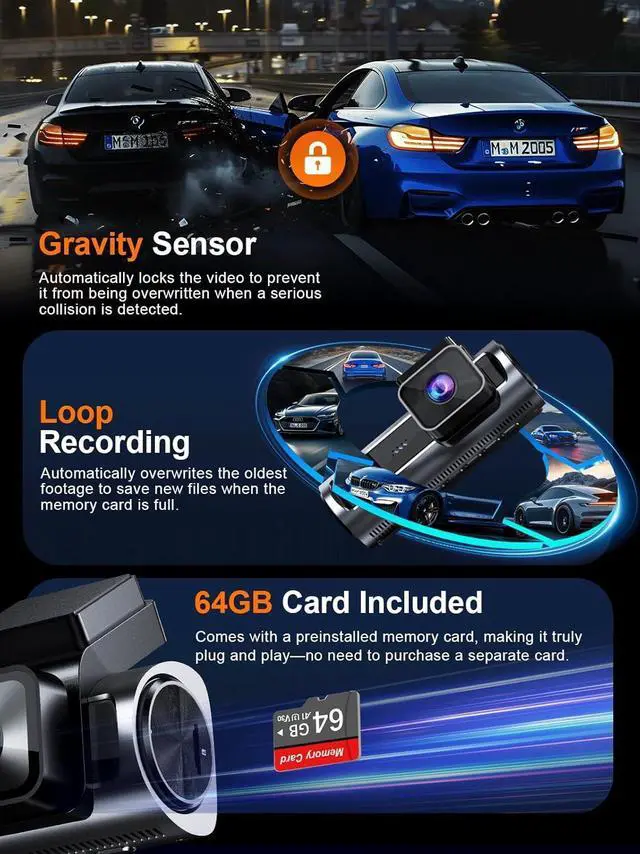 Alt view image 13 of 14 - 4K 3 Channel Dash Cam Front and Rear Inside, Built-in 5.8GHz WiFi GPS, 64GB Card Included, 4K+1080P+1080P Dash Camera for Cars, 3.18'' IPS Screen Dashcam with G-Sensor, 24H Parking Monitor