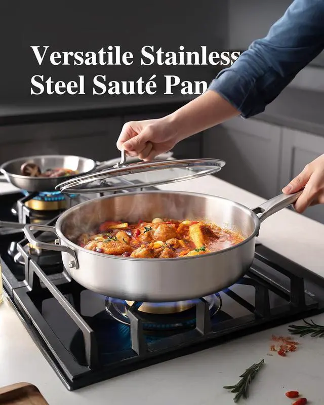 Alt view image 8 of 12 - 6-Quart Stainless Steel Saute Pan with Lid, 12-Inch Skillet, Dishwasher & Oven Safe, Works on All Cooktops