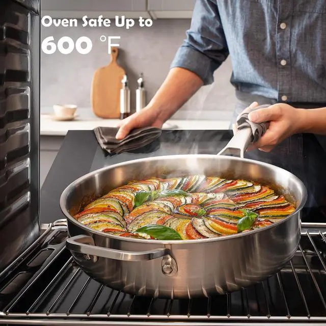 Alt view image 9 of 12 - 6-Quart Stainless Steel Saute Pan with Lid, 12-Inch Skillet, Dishwasher & Oven Safe, Works on All Cooktops