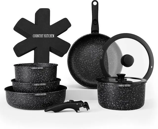 Alt view image 8 of 14 - Country Kitchen Cookware Set with Removable Handle, Oven & RV Safe Pots and Pans Set, Black, Original