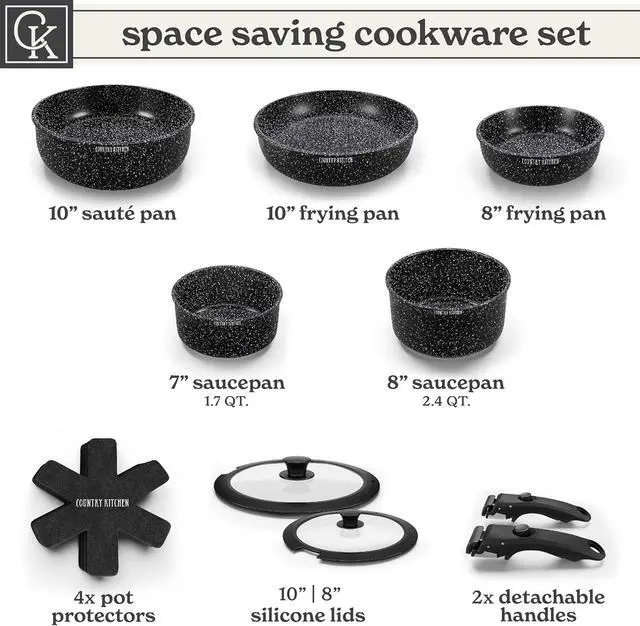 Alt view image 10 of 14 - Country Kitchen Cookware Set with Removable Handle, Oven & RV Safe Pots and Pans Set, Black, Original