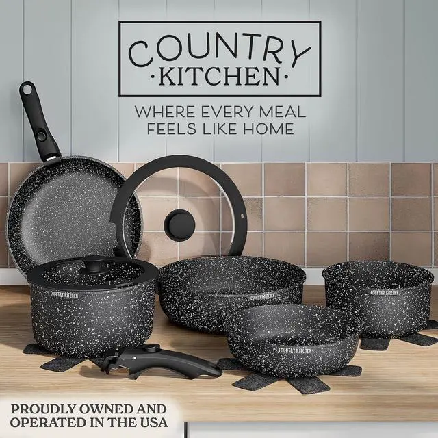 Alt view image 9 of 14 - Country Kitchen Cookware Set with Removable Handle, Oven & RV Safe Pots and Pans Set, Black, Original
