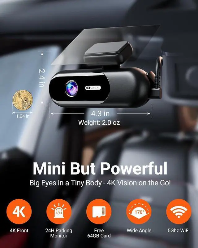Alt view image 9 of 14 - 4K Dash Cam Front,Built-in 5G WiFi,64GB Card Included, Dash Camera for Cars, Mini 1.5" IPS Screen Dashcam with App Control,Super Night Vision, Loop Recording, G-Sensor, 24 Hours Parking Monitor