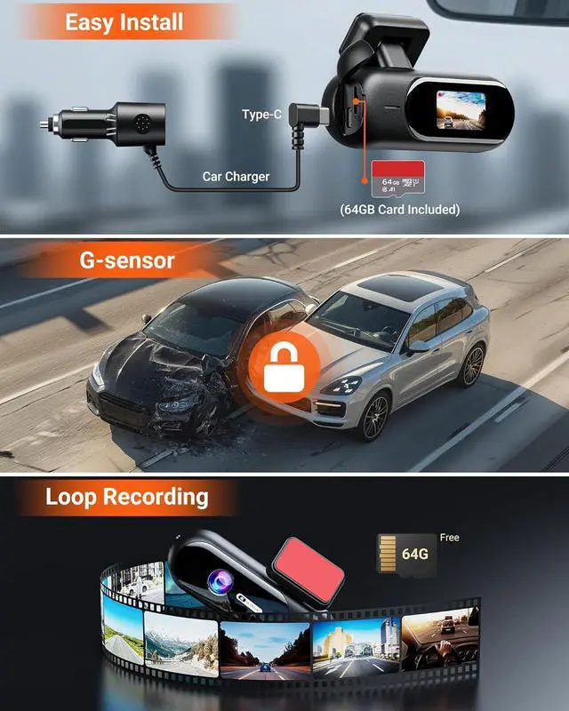 Alt view image 14 of 14 - 4K Dash Cam Front,Built-in 5G WiFi,64GB Card Included, Dash Camera for Cars, Mini 1.5" IPS Screen Dashcam with App Control,Super Night Vision, Loop Recording, G-Sensor, 24 Hours Parking Monitor