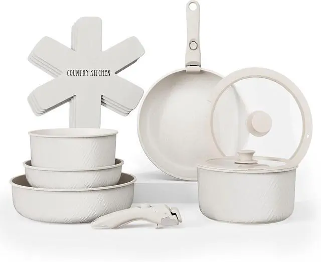Alt view image 8 of 14 - Country Kitchen Cookware Set with Removable Handle, Oven & RV Safe Pots and Pans Set, Cream Rhombus, Original