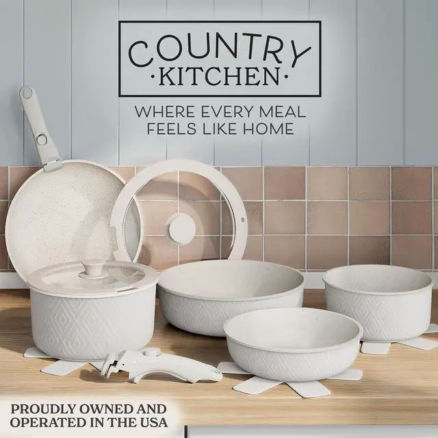 Alt view image 9 of 14 - Country Kitchen Cookware Set with Removable Handle, Oven & RV Safe Pots and Pans Set, Cream Rhombus, Original