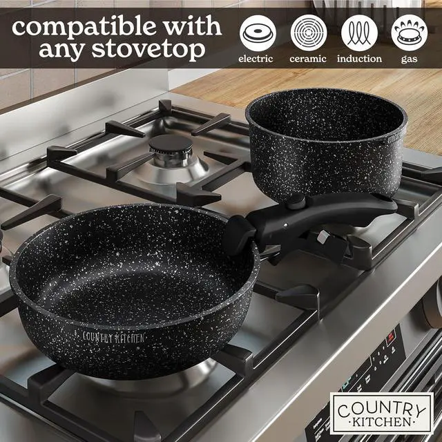 Alt view image 13 of 14 - Country Kitchen Cookware Set with Removable Handle, Oven & RV Safe Pots and Pans Set, Black, Original