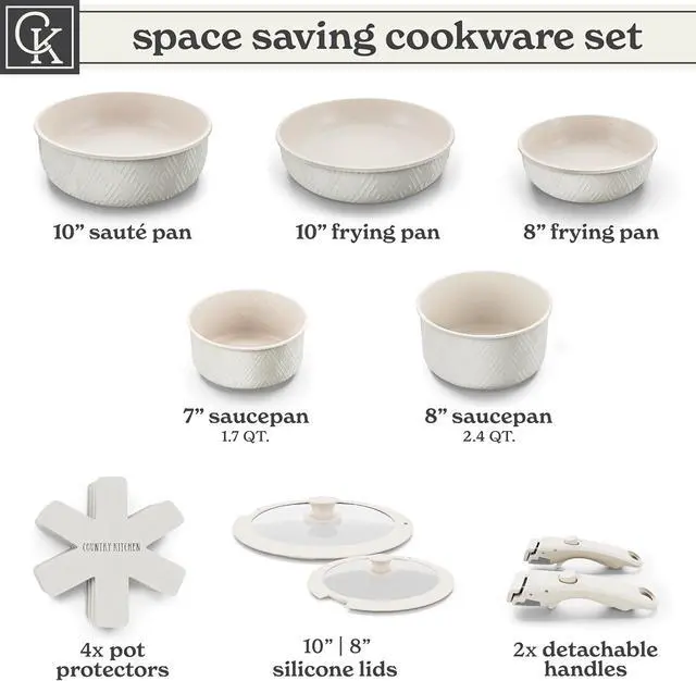 Alt view image 10 of 14 - Country Kitchen Cookware Set with Removable Handle, Oven & RV Safe Pots and Pans Set, Cream Rhombus, Original