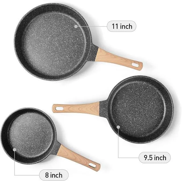 Alt view image 9 of 14 - Frying Pans Nonstick, Induction Frying Pan Set Granite Skillet Pans for Cooking Omelette Pan Cookware Set with Heat-Resistant Handle, Christmas Gift for Women (8" &9.5" &11")