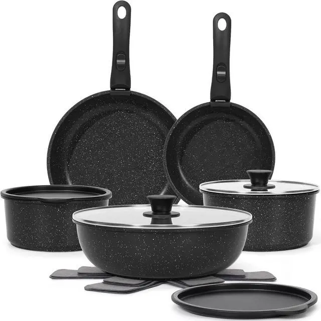 Alt view image 8 of 14 - 15Pcs Pots and Pans Set Non Stick, Cookware Sets with Detachable Handle, Nonstick RV Kitchen Cooking Tools Removable Handles, Oven Safe, Induction Fast, Stackable Induction Cookware,Black