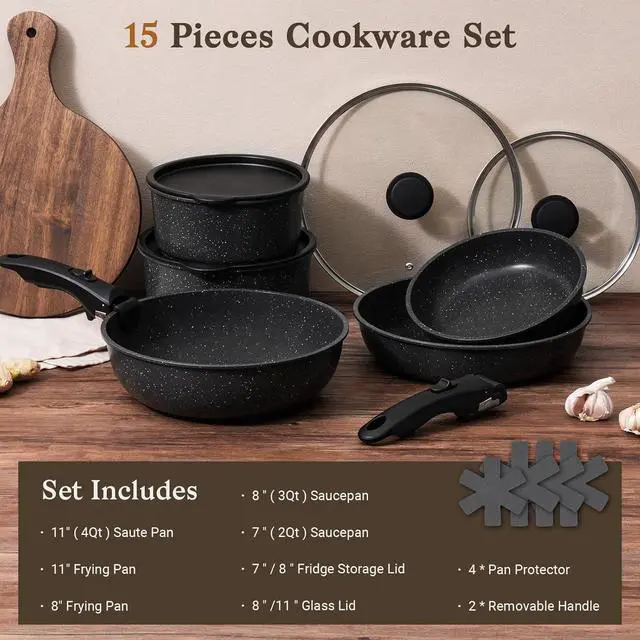 Alt view image 9 of 14 - 15Pcs Pots and Pans Set Non Stick, Cookware Sets with Detachable Handle, Nonstick RV Kitchen Cooking Tools Removable Handles, Oven Safe, Induction Fast, Stackable Induction Cookware,Black