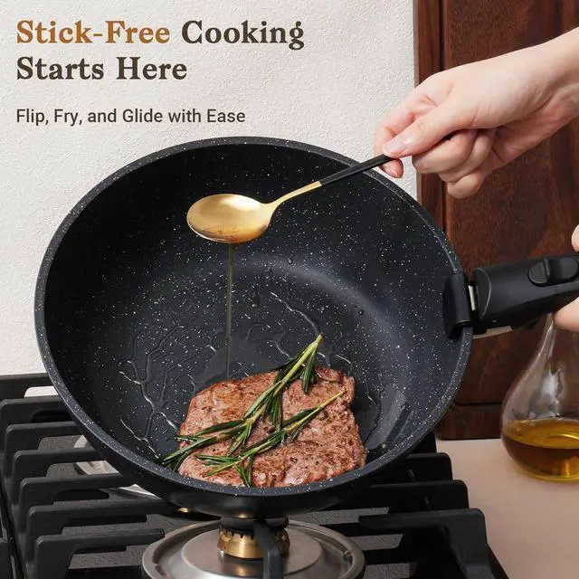 Alt view image 10 of 14 - 15Pcs Pots and Pans Set Non Stick, Cookware Sets with Detachable Handle, Nonstick RV Kitchen Cooking Tools Removable Handles, Oven Safe, Induction Fast, Stackable Induction Cookware,Black