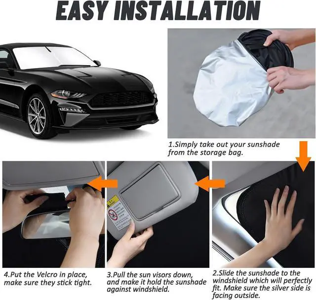Alt view image 12 of 14 - D-Lumina Windshield Sun Shade for 2015-2025 Fo-rd Mustang Accessories (NOT for Fo-rd Mustang Mach-E), Front Window Sunshade Sun Visor Protector Block UV Rays Heat, Foldable 2 Layers 210T Material