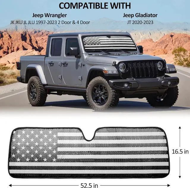 Alt view image 13 of 14 - Windshield Sun Shade Compatible with Jeep Wrangler JK JKU JL JLU 1997-2023 & Jeep Gladiator JT 2020-2023 16.5"x52.5" Folding Front Window Sun Shade for Car Accessories (American Flag)