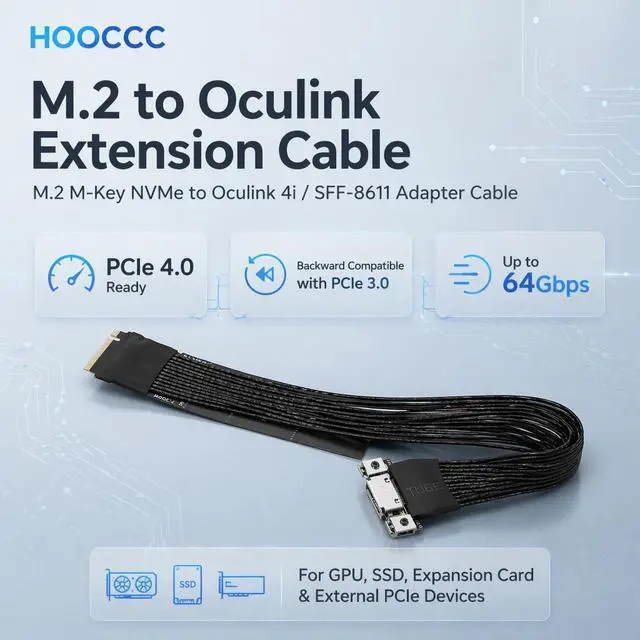 Alt view image 2 of 7 - HOOCCC M.2 to OCulink SFF-8611 Ext Cable, NVMe PCIe 4.0 x4 Gen4 External GPU Dock Cable With Fixing Buckle 15cm