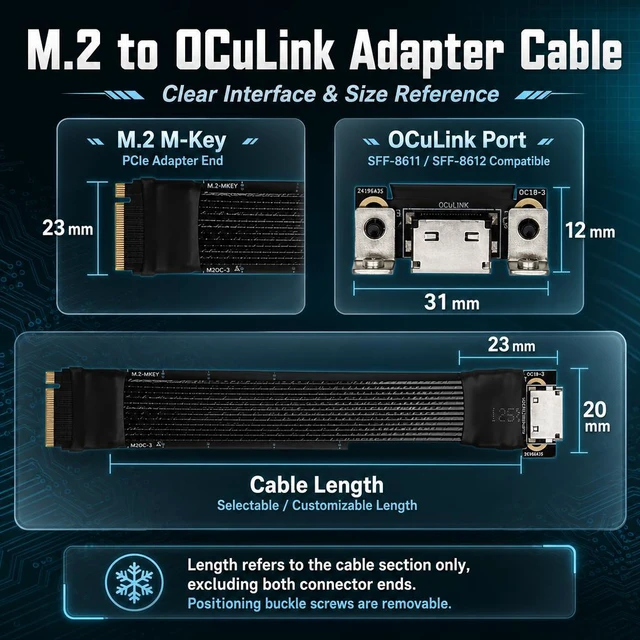 Alt view image 7 of 7 - HOOCCC M.2 to OCulink SFF-8611 Ext Cable, NVMe PCIe 4.0 x4 Gen4 External GPU Dock Cable With Fixing Buckle 20cm