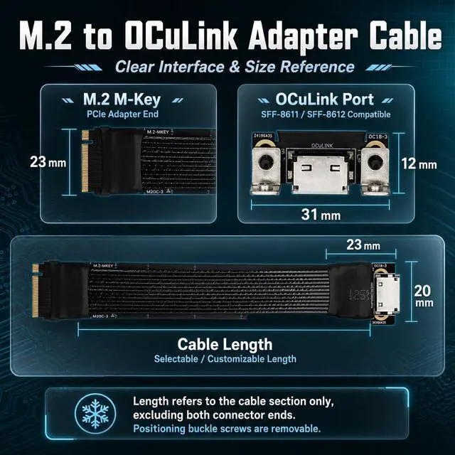 Alt view image 7 of 7 - HOOCCC M.2 to OCulink SFF-8611 Ext Cable, NVMe PCIe 4.0 x4 Gen4 External GPU Dock Cable Without Buckle 10cm