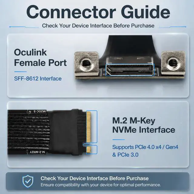 Alt view image 3 of 7 - HOOCCC M.2 to OCulink SFF-8611 Ext Cable, NVMe PCIe 4.0 x4 Gen4 External GPU Dock Cable