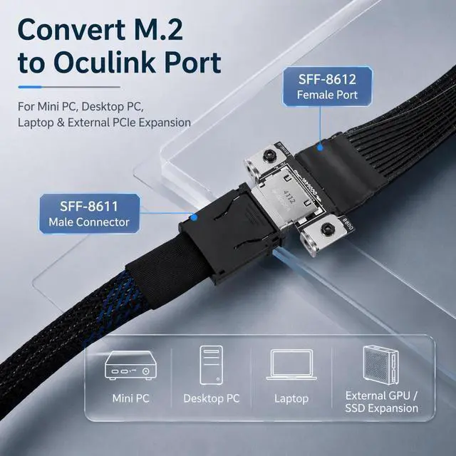 Alt view image 4 of 7 - HOOCCC M.2 to OCulink SFF-8611 Ext Cable, NVMe PCIe 4.0 x4 Gen4 External GPU Dock Cable