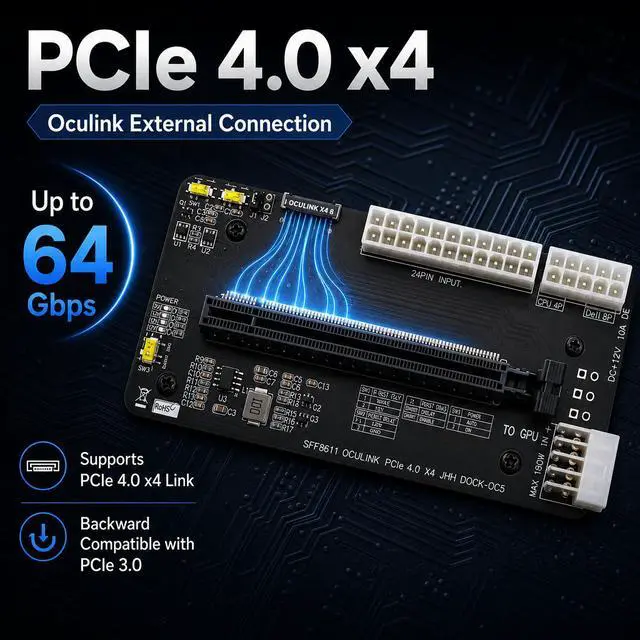 Alt view image 4 of 7 - HOOCCC OCuLink GPU Dock with 50cm Cable & Bracket, PCIe 4.0 x4 to PCIe x16 Riser Card 64Gbps, SFF-8612 eGPU Dock Station for Mini PC Laptop Desktop, Sync Power On/Off, White