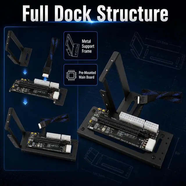 Alt view image 7 of 7 - HOOCCC OCuLink GPU Dock Docking Station with Non-Detachable 50cm OCuLink Cable, Metal Bracket, PCIe 4.0 x4 to x16 64Gbps, Open-Frame eGPU Dock for Mini PC, ATX/SFX PSU Compatible, White