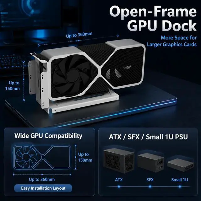 Alt view image 6 of 7 - HOOCCC OCuLink GPU Dock Docking Station with Non-Detachable 50cm OCuLink Cable, Metal Bracket, PCIe 4.0 x4 to x16 64Gbps, Open-Frame eGPU Dock for Mini PC, ATX/SFX PSU Compatible, White