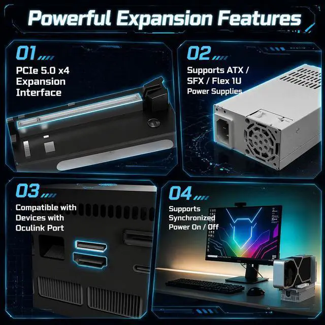 Alt view image 3 of 7 - HOOCCC PCIe 5.0 Oculink GPU Dock External eGPU Enclosure, Open Frame No Length Limit, Supports ATX/SFX Power Supply & Sync Start, for Gaming/Workstation Graphics Cards