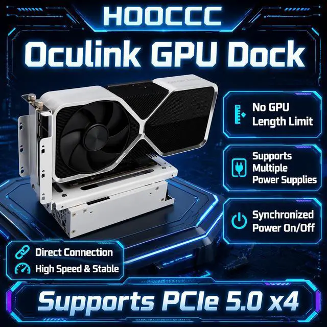 Main image of HOOCCC PCIe 5.0 Oculink GPU Dock External eGPU Enclosure, Open Frame No Length Limit, Supports ATX/SFX Power Supply & Sync Start, for Gaming/Workstation Graphics Cards