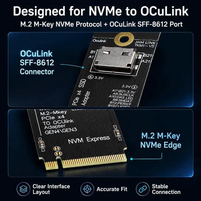 Alt view image 4 of 7 - HOOCCC M.2 NVMe to OCuLink Adapter, PCIe 4.0 x4 Up to 64Gbps, M-Key SFF-8612 Converter for eGPU Dock TKM8
