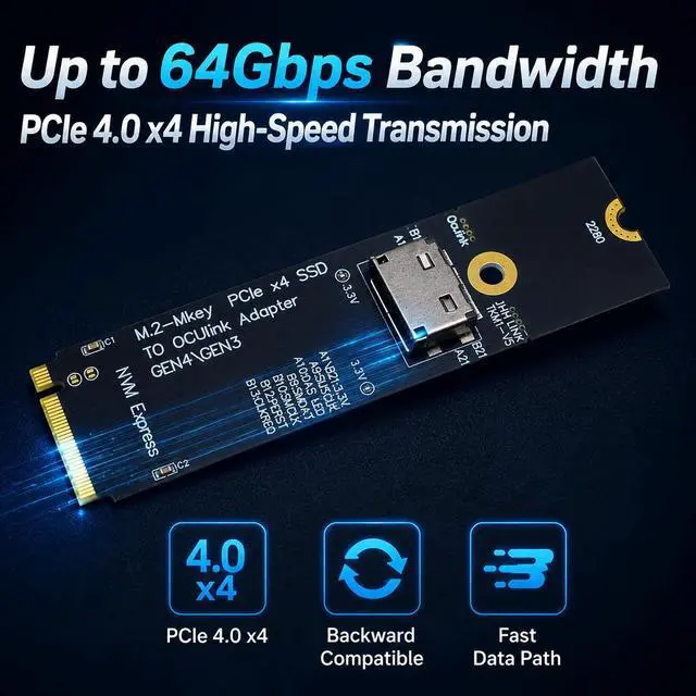 Alt view image 2 of 7 - HOOCCC M.2 NVMe to OCuLink Adapter, PCIe 4.0 x4 Up to 64Gbps, M-Key SFF-8612 Converter for eGPU Dock TKM8