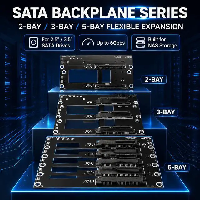 Alt view image 2 of 7 - HOOCCC NAS SATA Backplane Expansion Board 2/3/5 Bay SATA III 6Gbps Hot-Swap Backplane with Dual 4-Pin Power & LED Indicators, 2mm PCB for 2.5"/3.5" Drives NAS-S3