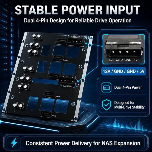 Alt view image 3 of 7 - HOOCCC NAS SATA Backplane Expansion Board 2/3/5 Bay SATA III 6Gbps Hot-Swap Backplane with Dual 4-Pin Power & LED Indicators, 2mm PCB for 2.5"/3.5" Drives NAS-S3