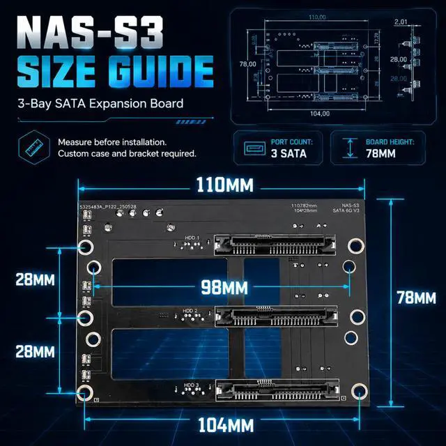 Alt view image 7 of 7 - HOOCCC NAS SATA Backplane Expansion Board 2/3/5 Bay SATA III 6Gbps Hot-Swap Backplane with Dual 4-Pin Power & LED Indicators, 2mm PCB for 2.5"/3.5" Drives NAS-S3
