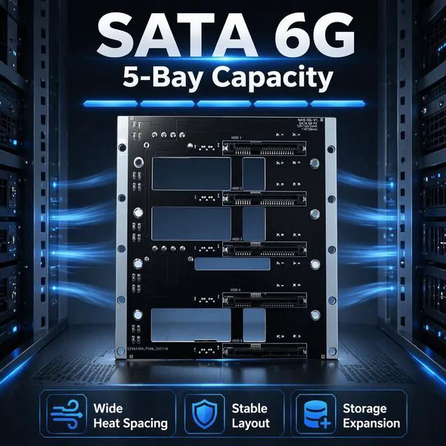 Main image of HOOCCC NAS SATA Backplane Expansion Board 2/3/5 Bay SATA III 6Gbps Hot-Swap Backplane with Dual 4-Pin Power & LED Indicators, 2mm PCB for 2.5"/3.5" Drives NAS-S5