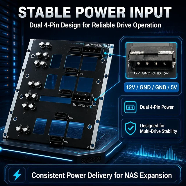 Alt view image 3 of 7 - HOOCCC NAS SATA Backplane Expansion Board 2/3/5 Bay SATA III 6Gbps Hot-Swap Backplane with Dual 4-Pin Power & LED Indicators, 2mm PCB for 2.5"/3.5" Drives NAS-S5
