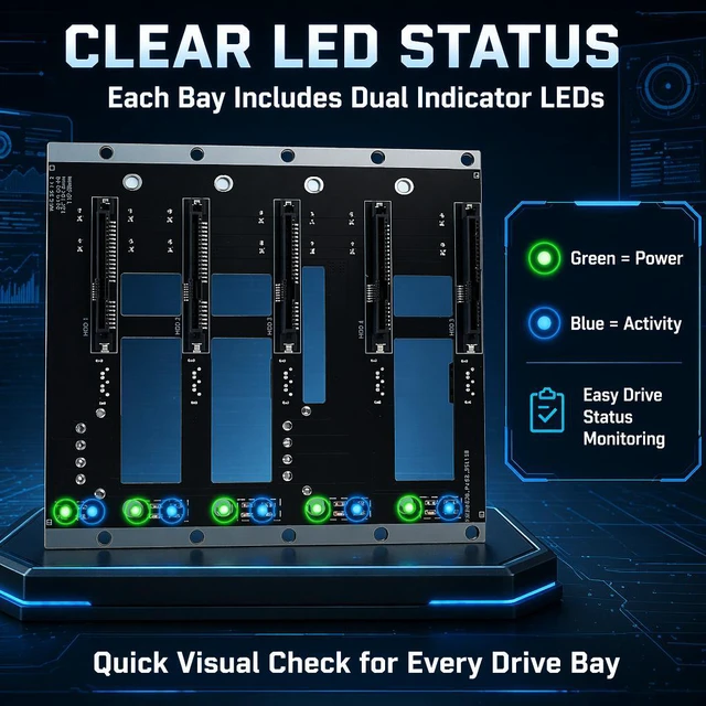 Alt view image 4 of 7 - HOOCCC NAS SATA Backplane Expansion Board 2/3/5 Bay SATA III 6Gbps Hot-Swap Backplane with Dual 4-Pin Power & LED Indicators, 2mm PCB for 2.5"/3.5" Drives NAS-S5