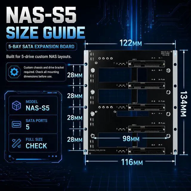 Alt view image 7 of 7 - HOOCCC NAS SATA Backplane Expansion Board 2/3/5 Bay SATA III 6Gbps Hot-Swap Backplane with Dual 4-Pin Power & LED Indicators, 2mm PCB for 2.5"/3.5" Drives NAS-S5