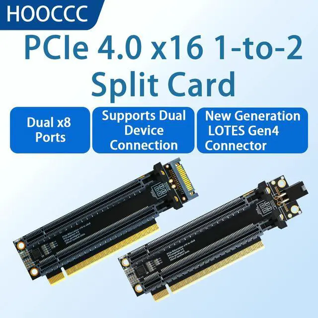Main image of HOOCCC P2A PCIe 4.0 x16 to Dual x8 Split Card, Gen4 Bifurcation Riser with Clock Chip, 6-Layer PCB 5µm Gold Plated, SATA/4-Pin Power, Low-Profile for Dual GPUs NVMe SSDs