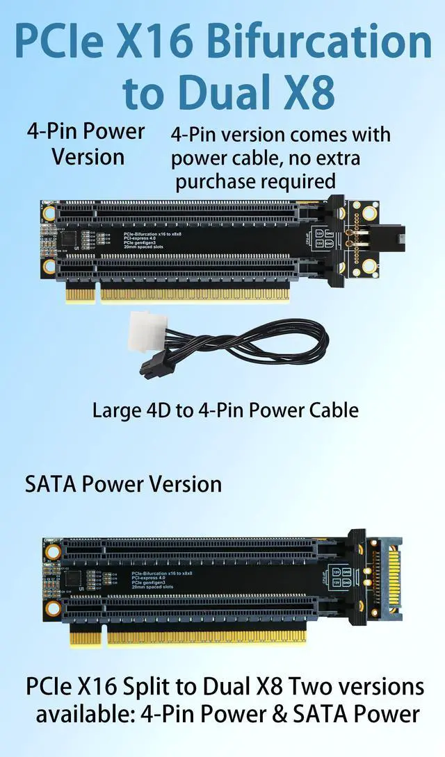 Alt view image 4 of 7 - HOOCCC P2A PCIe 4.0 x16 to Dual x8 Split Card, Gen4 Bifurcation Riser with Clock Chip, 6-Layer PCB 5µm Gold Plated, SATA/4-Pin Power, Low-Profile for Dual GPUs NVMe SSDs
