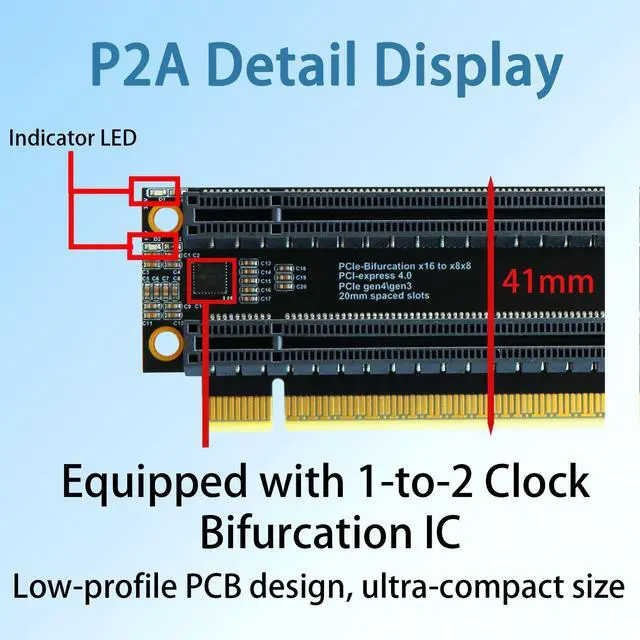 Alt view image 6 of 7 - HOOCCC P2A PCIe 4.0 x16 to Dual x8 Split Card, Gen4 Bifurcation Riser with Clock Chip, 6-Layer PCB 5µm Gold Plated, SATA/4-Pin Power, Low-Profile for Dual GPUs NVMe SSDs