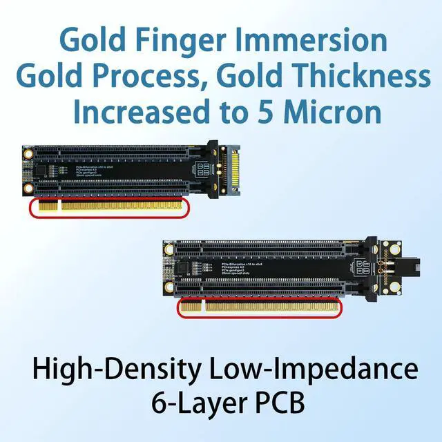 Alt view image 5 of 7 - HOOCCC P2A PCIe 4.0 x16 to Dual x8 Split Card, Gen4 Bifurcation Riser with Clock Chip, 6-Layer PCB 5µm Gold Plated, SATA/4-Pin Power, Low-Profile for Dual GPUs NVMe SSDs